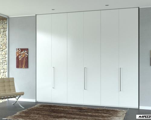 Armadio battente modello Flat laccato opaco con maniglia lunga. Design minimale ma efficace per chi ama ambienti da rivista.